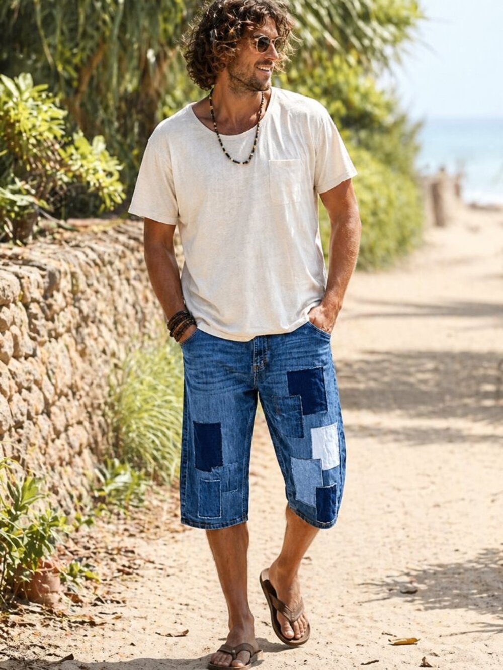 Men’s Patchwork Jeans Shorts, Upcycled Distressed Denim on Denim Size 40-30